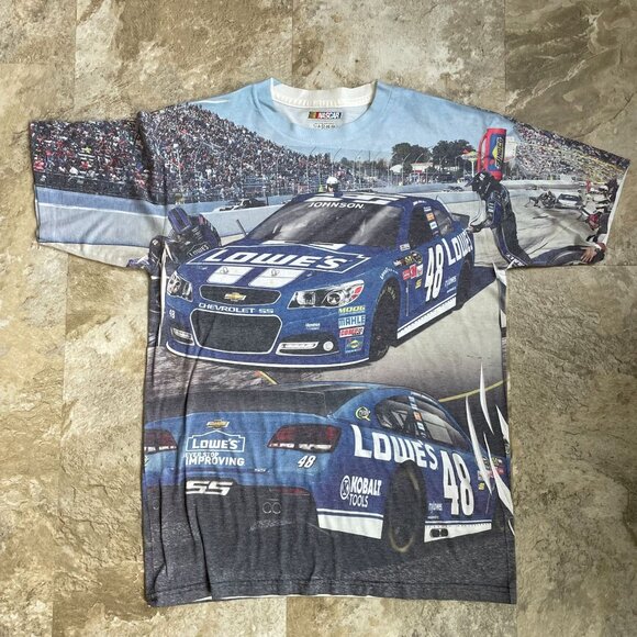 Lowes Racing Graphic Tee Mens Medium All Over Print Jimmie Johnson Nascar y2k - Picture 1 of 5